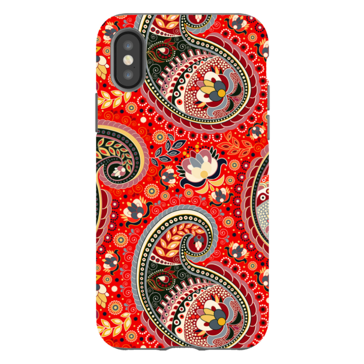 iPhone Tough Case in Billingshurst print featuring a vibrant red paisley pattern with intricate floral details.