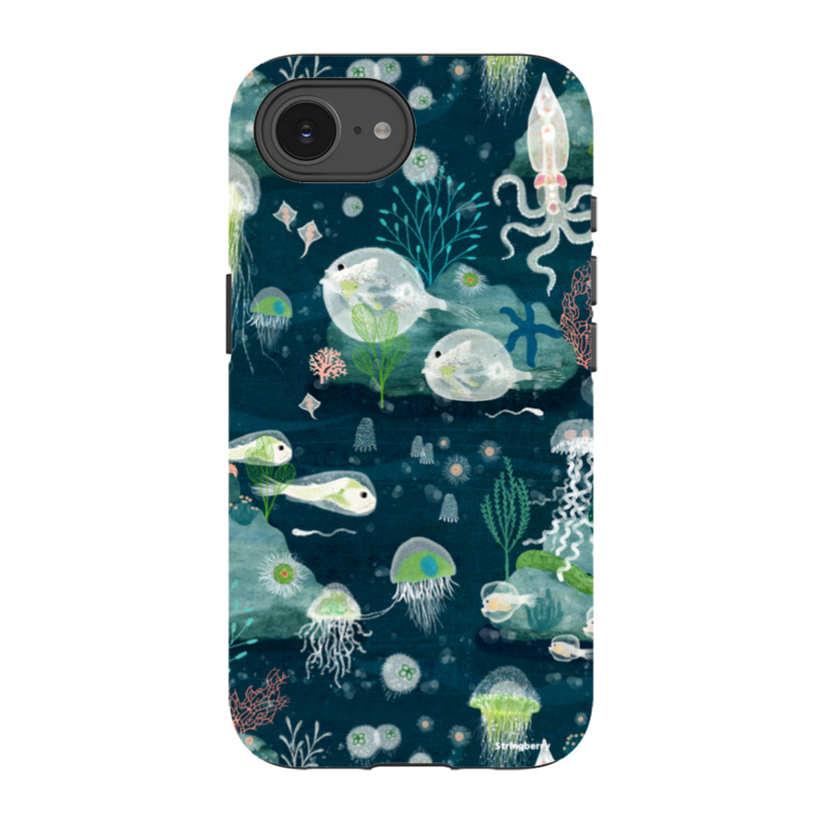 iPhone tough case with dark blue bioluminescent ocean art featuring glowing jellyfish, squid, and coral illustrations.
