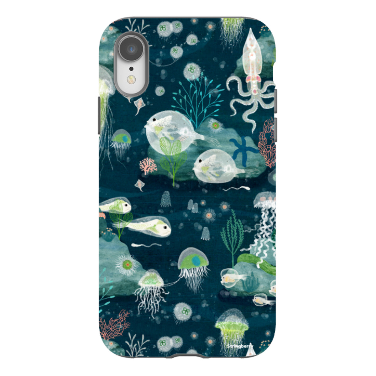 iPhone tough case featuring Katherine Quinn’s bioluminescent deep-sea art with glowing jellyfish on dark blue.