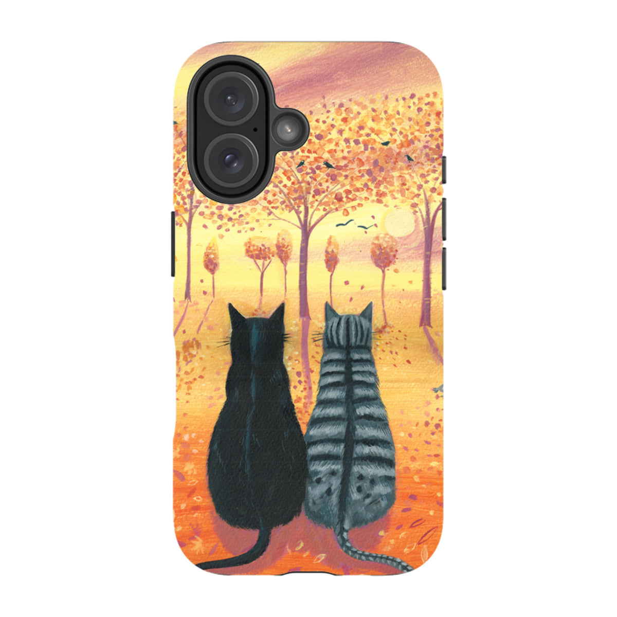 Dual-layer iPhone case featuring two cats watching birds in a warm, orange-toned autumn forest landscape.