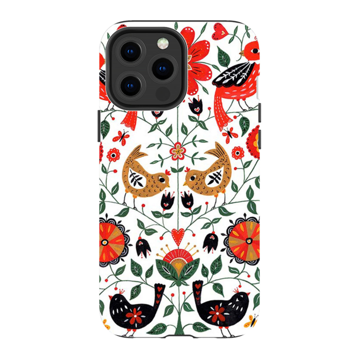 iPhone tough case featuring Suzy Taylor's folk-art birds and floral pattern in red, black, and gold on white.