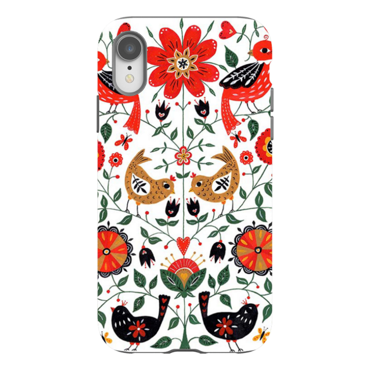 iPhone tough case featuring a vibrant folk art pattern of colorful birds, flowers, and leaves on a white background.