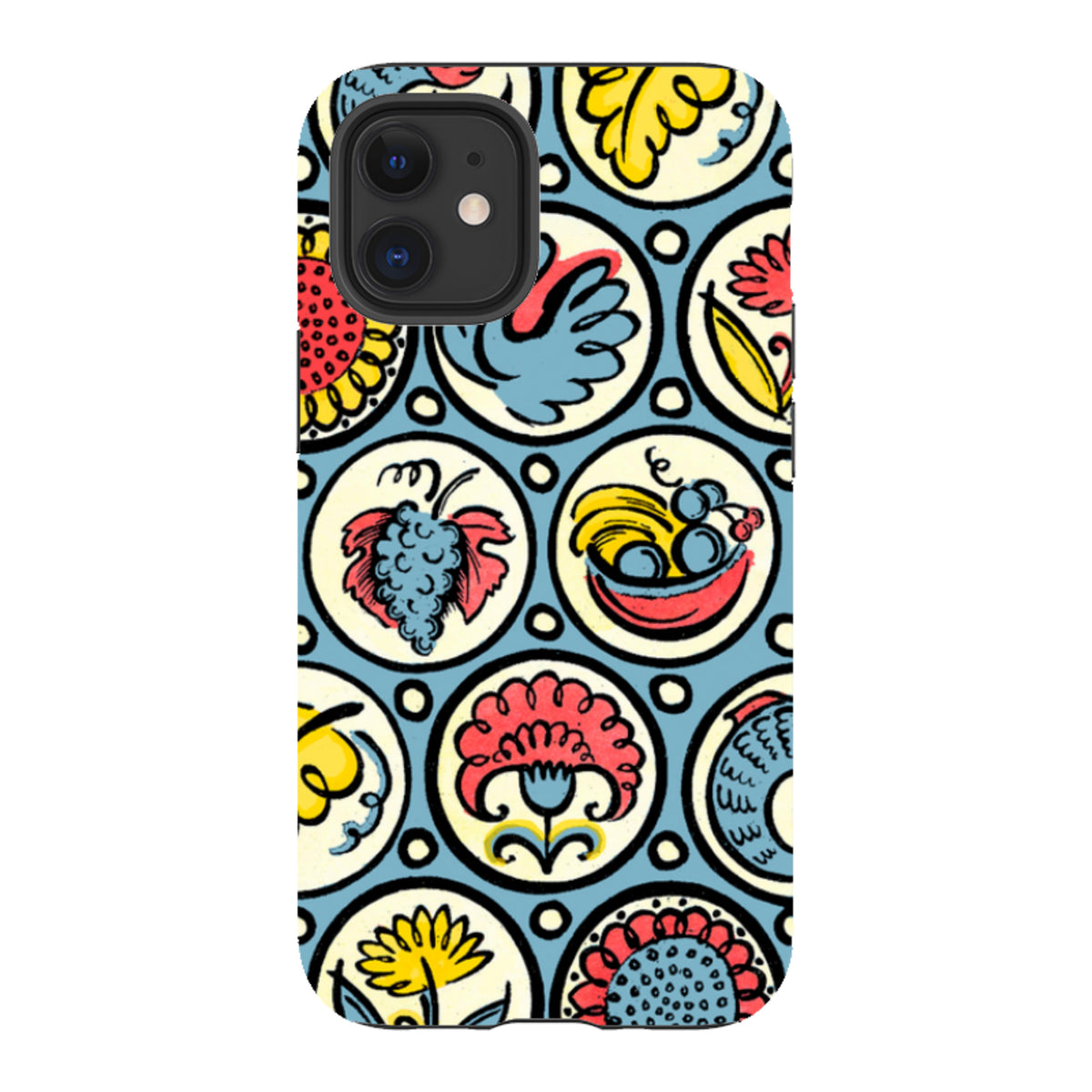 iPhone tough case featuring a colorful Cressida Bell pattern of birds, fish, and fruit in circular motifs on blue.