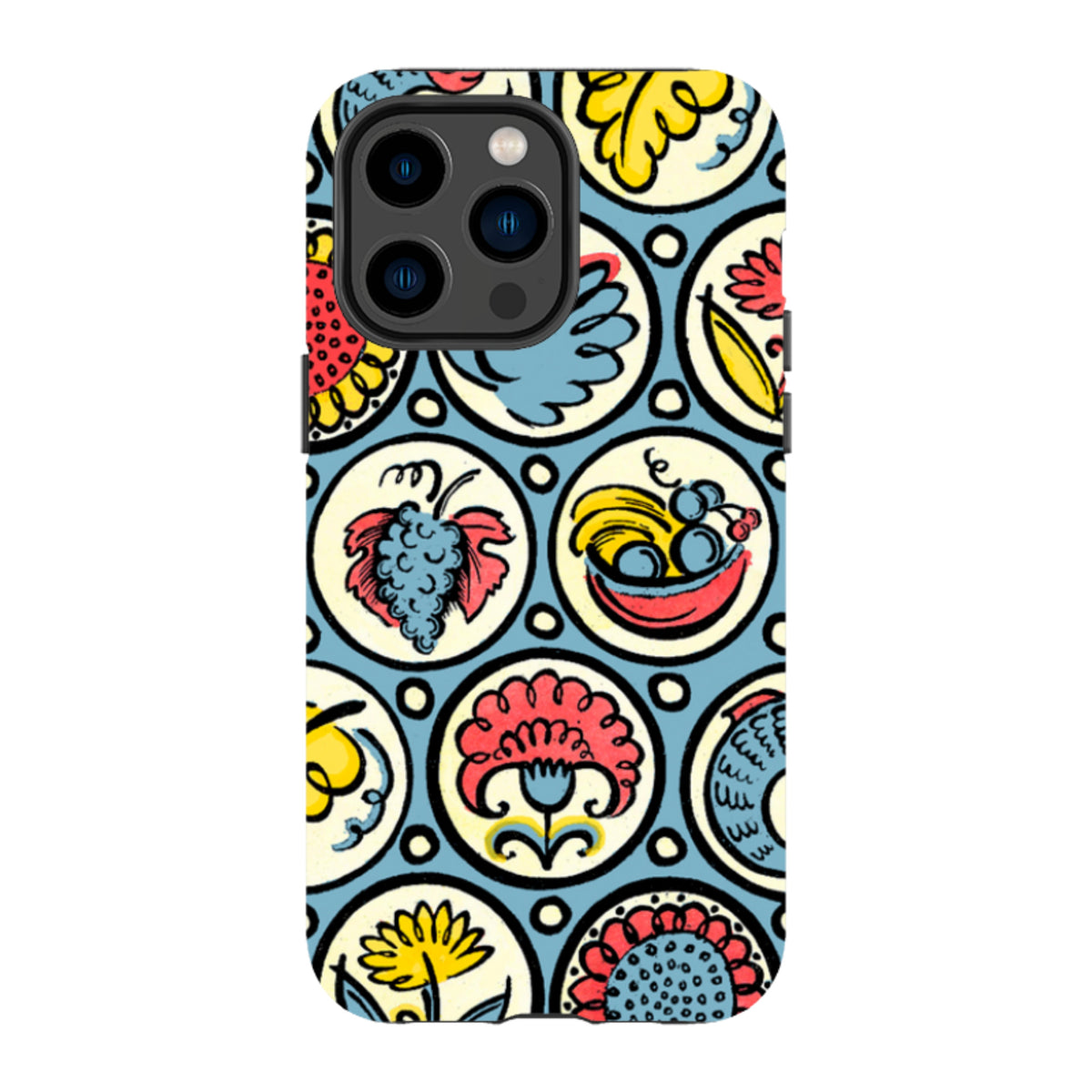 iPhone tough case featuring Cressida Bell's colorful birds, fish, and fruit pattern on a light blue background.