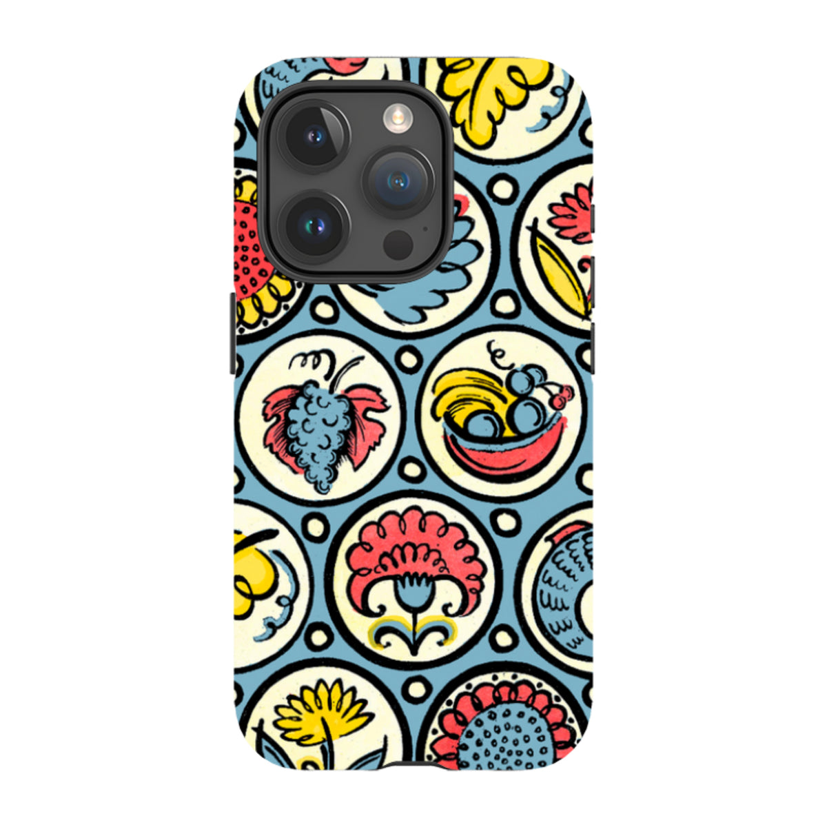 iPhone tough case featuring Cressida Bell’s colorful birds, fish, and fruit pattern on a light blue background.