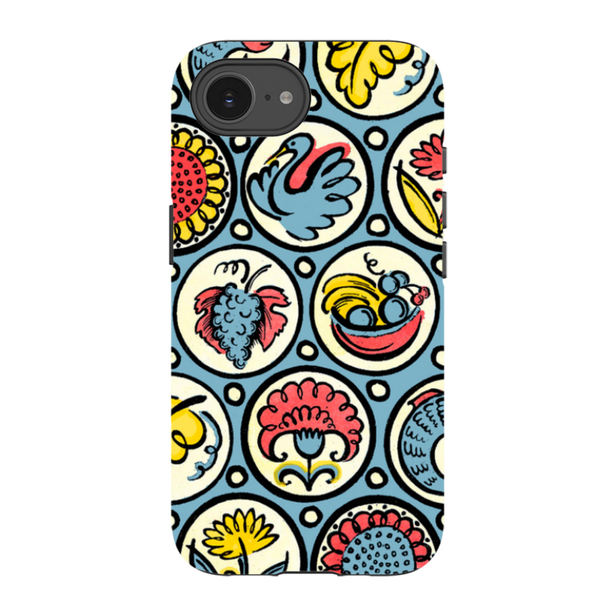 iPhone tough case featuring a colorful Cressida Bell pattern of birds, fish, and fruit in circular motifs on blue.