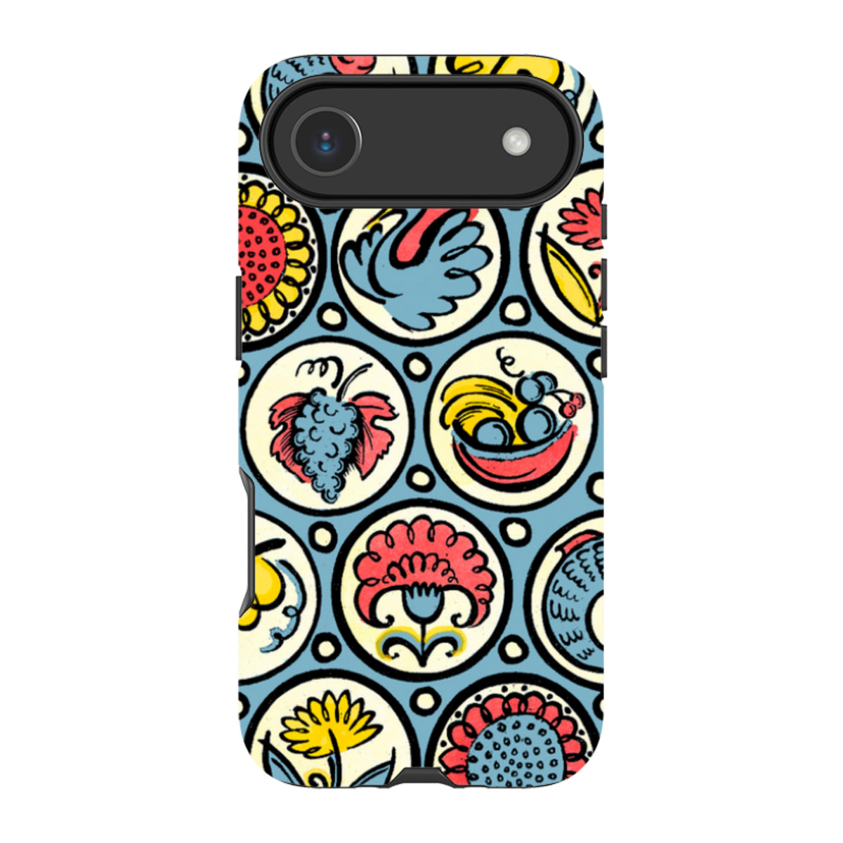 iPhone tough case featuring a blue background with a colorful, hand-drawn pattern of birds, fish, and fruit circles.