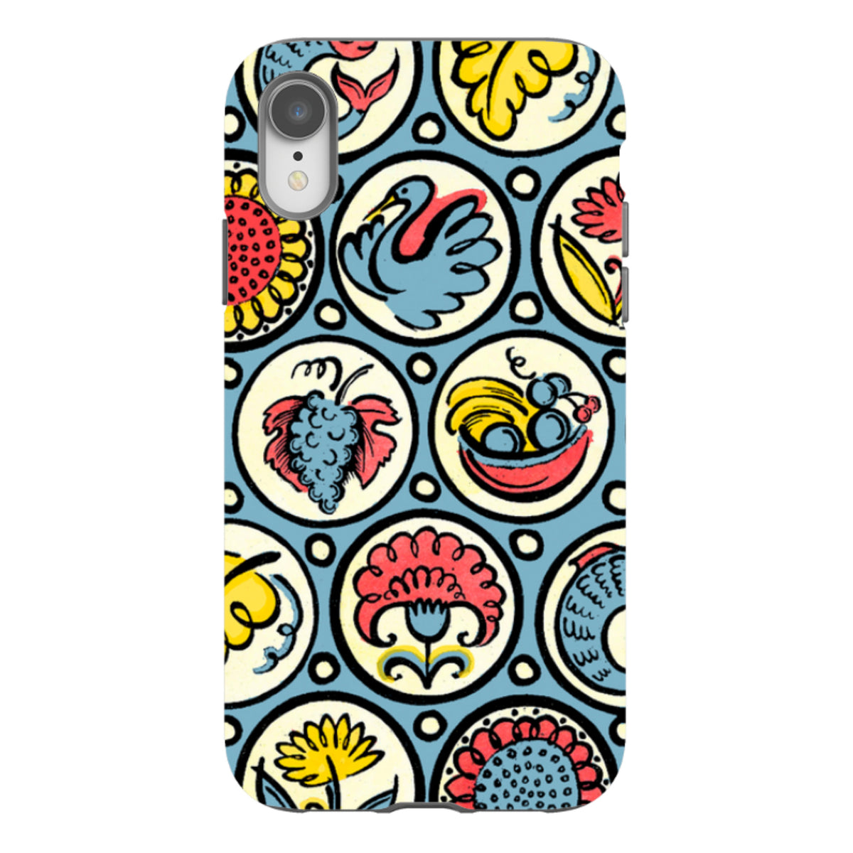iPhone tough case featuring a colorful Cressida Bell pattern of birds, fish, and fruit in circular motifs on blue.