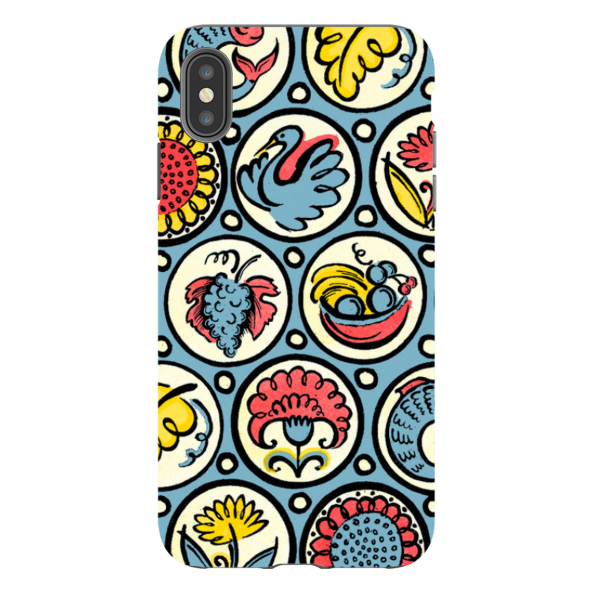 iPhone tough case featuring a colorful Cressida Bell pattern of birds, fish, and fruit in circular motifs on blue.