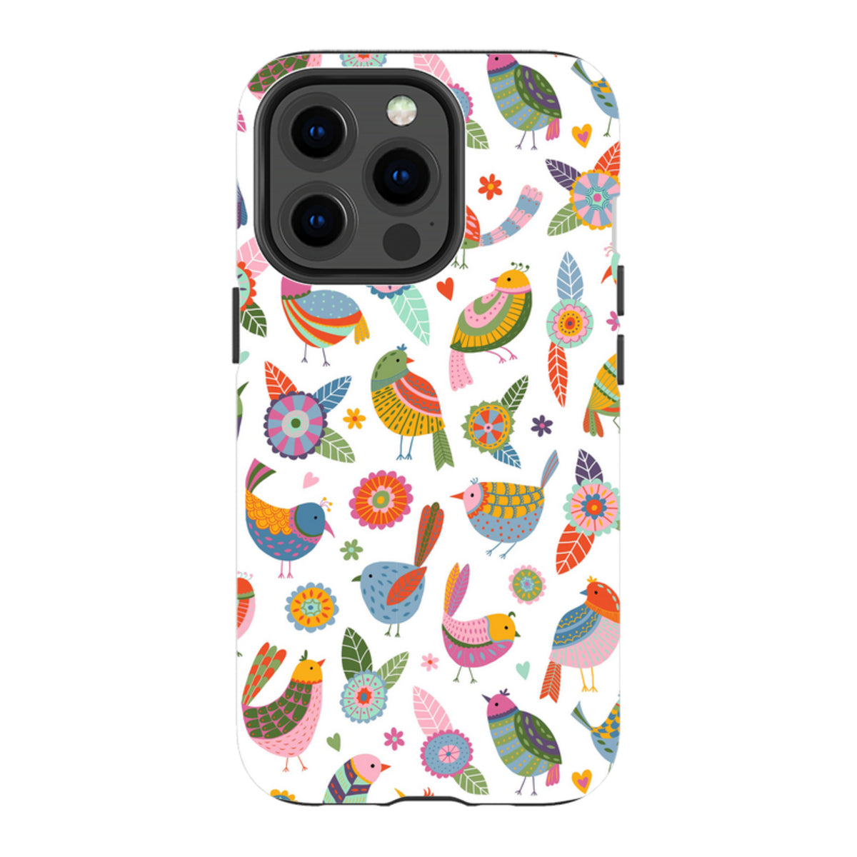 iPhone Tough Case featuring a colorful, whimsical bird and floral pattern by Suzy Taylor on a white background.