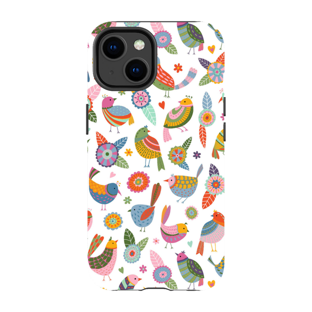 iPhone tough case featuring a colorful pattern of stylized birds, flowers, and leaves on a white background.