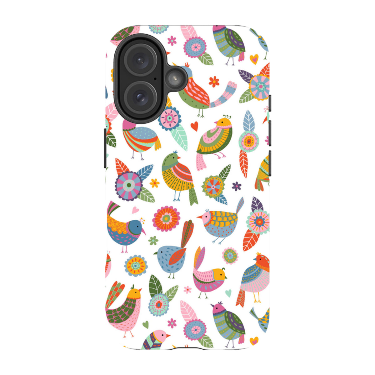 iPhone tough case featuring a colorful, whimsical pattern of birds and flowers by Suzy Taylor on a white background.