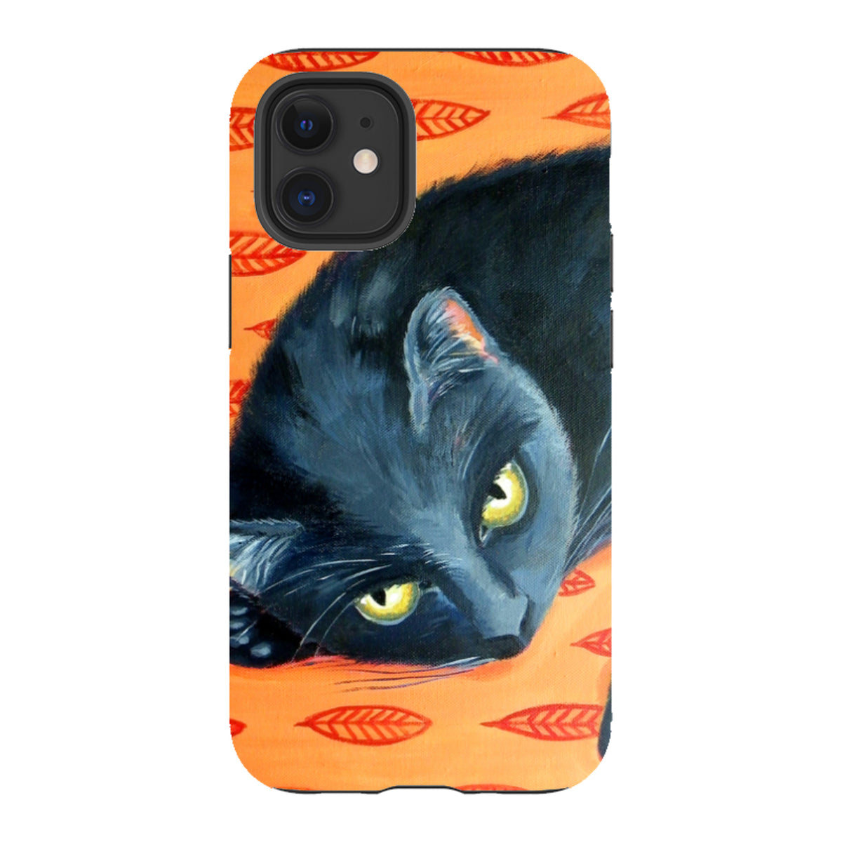 iPhone tough case featuring a black cat painting on an orange background with red leaf patterns and dual-layer protection.