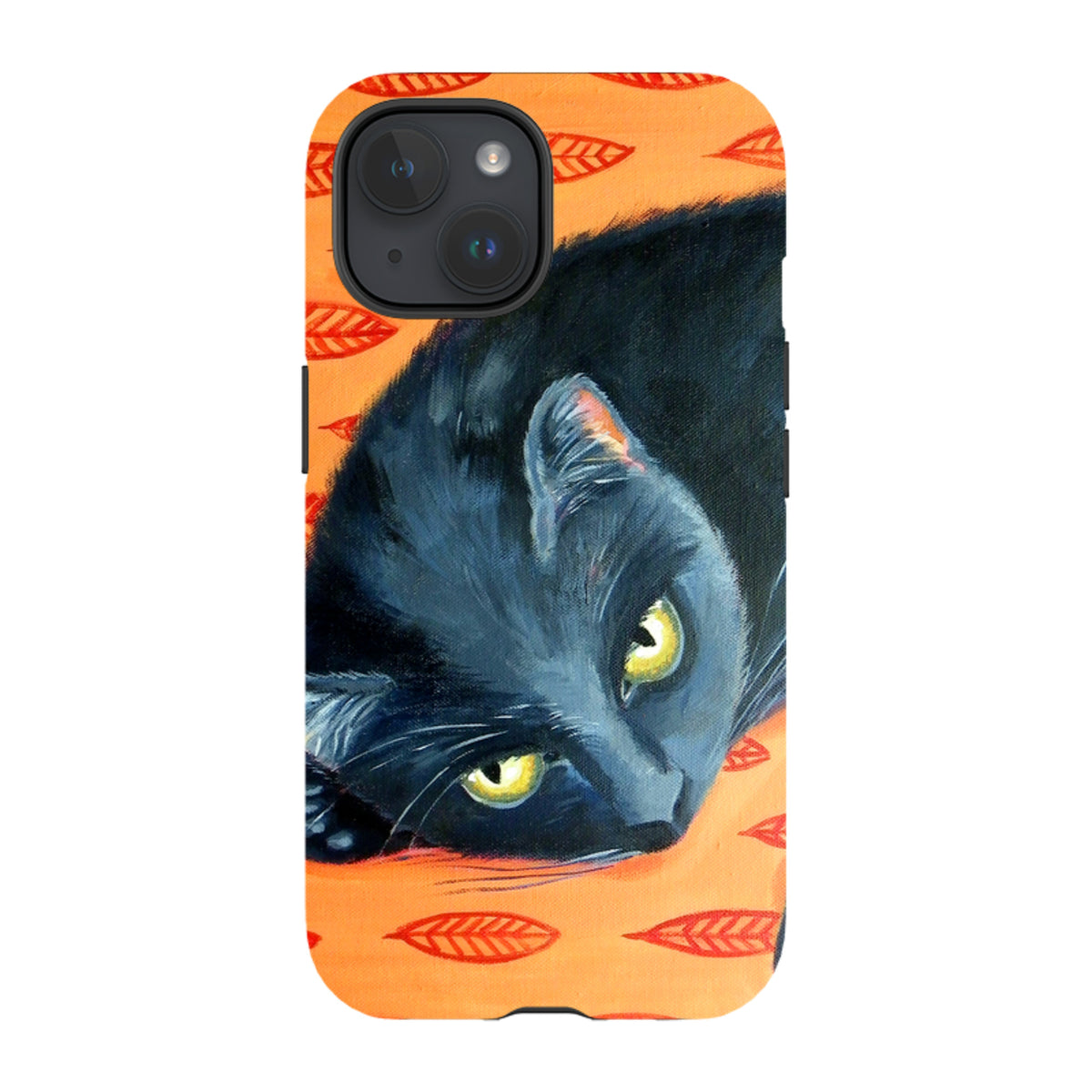 Dual-layer iPhone case featuring a black cat painting on an orange background with red leaf patterns.