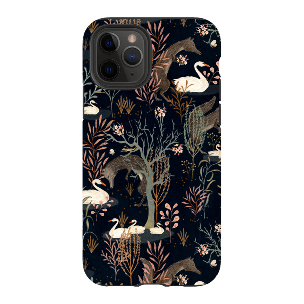 Black iPhone tough case featuring Katherine Quinn’s Black Forest art with swans, foxes, and floral patterns on dark background.