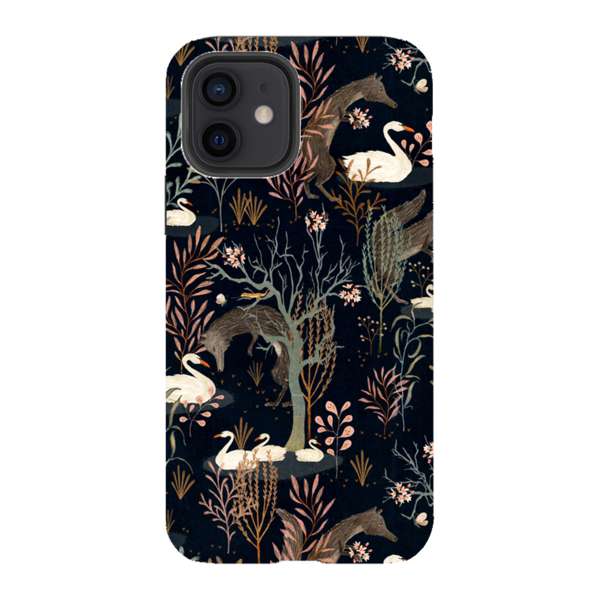 Black Forest iPhone tough case featuring Katherine Quinn’s dark floral art with swans, foxes, and trees on a black background.