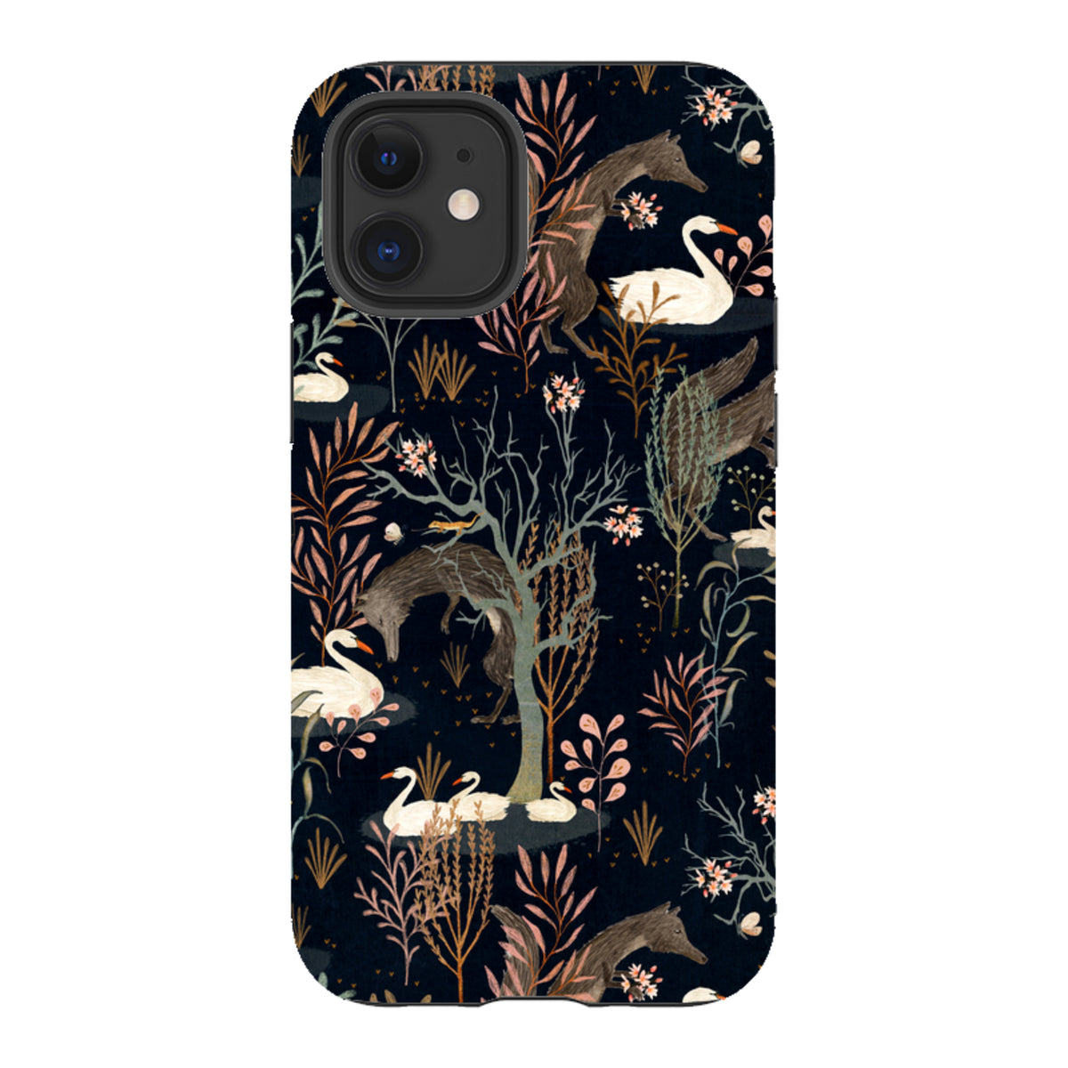 Black iPhone tough case featuring Katherine Quinn’s Black Forest art with swans, foxes, and botanical illustrations.