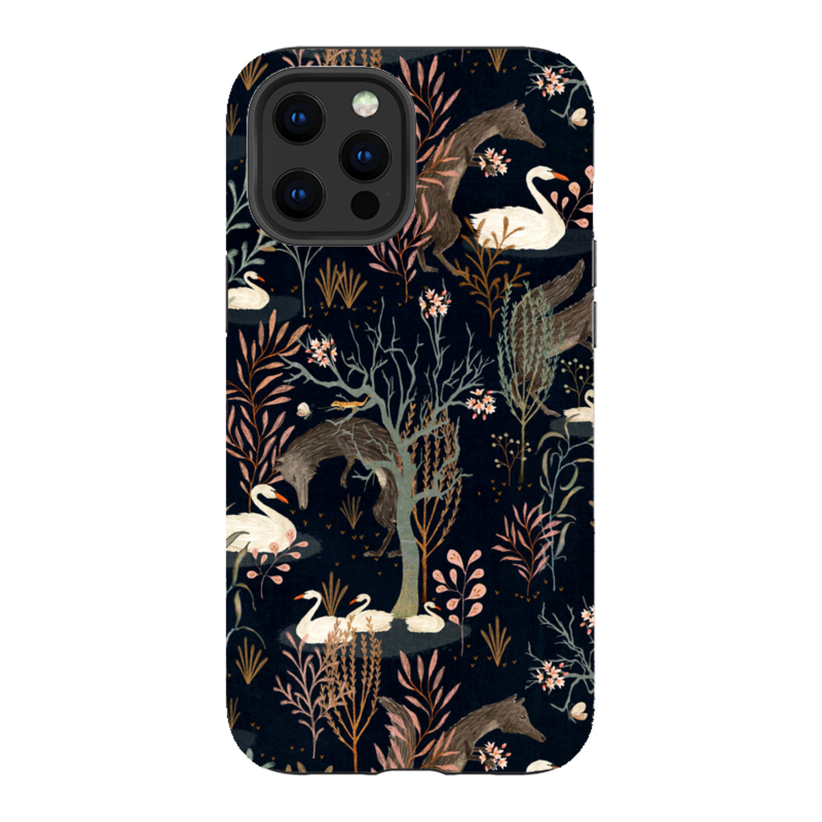 Black Forest iPhone tough case featuring Katherine Quinn’s dark floral art with swans and foxes on a durable dual-layer shell.