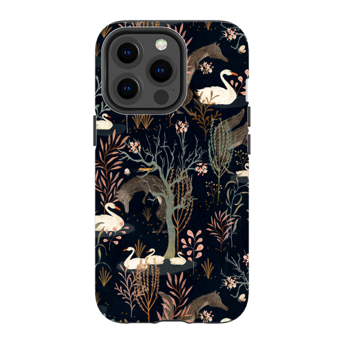 iPhone tough case with Black Forest art featuring swans and foxes on a dark background, dual-layer protective design.