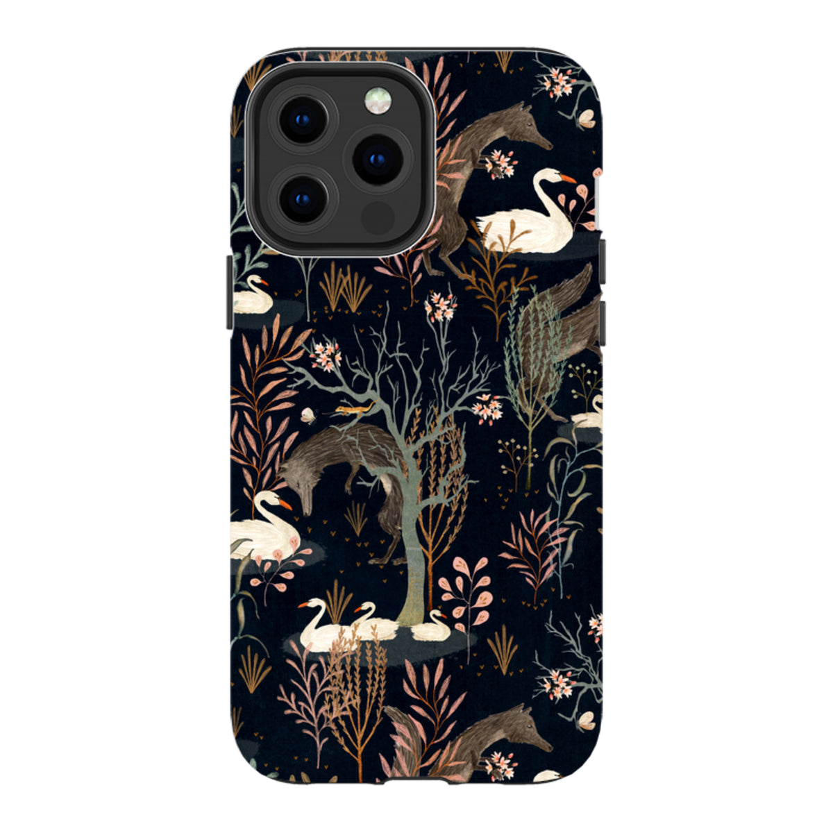 iPhone Tough Case featuring Katherine Quinn’s Black Forest art with swans and foxes on a dark, dual-layer protective shell.