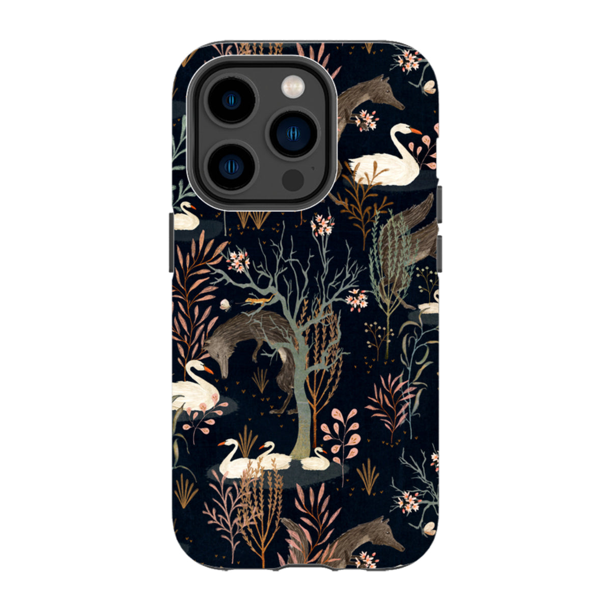 Black Forest iPhone tough case featuring Katherine Quinn's dark floral art with swans and foxes on a durable dual-layer shell.
