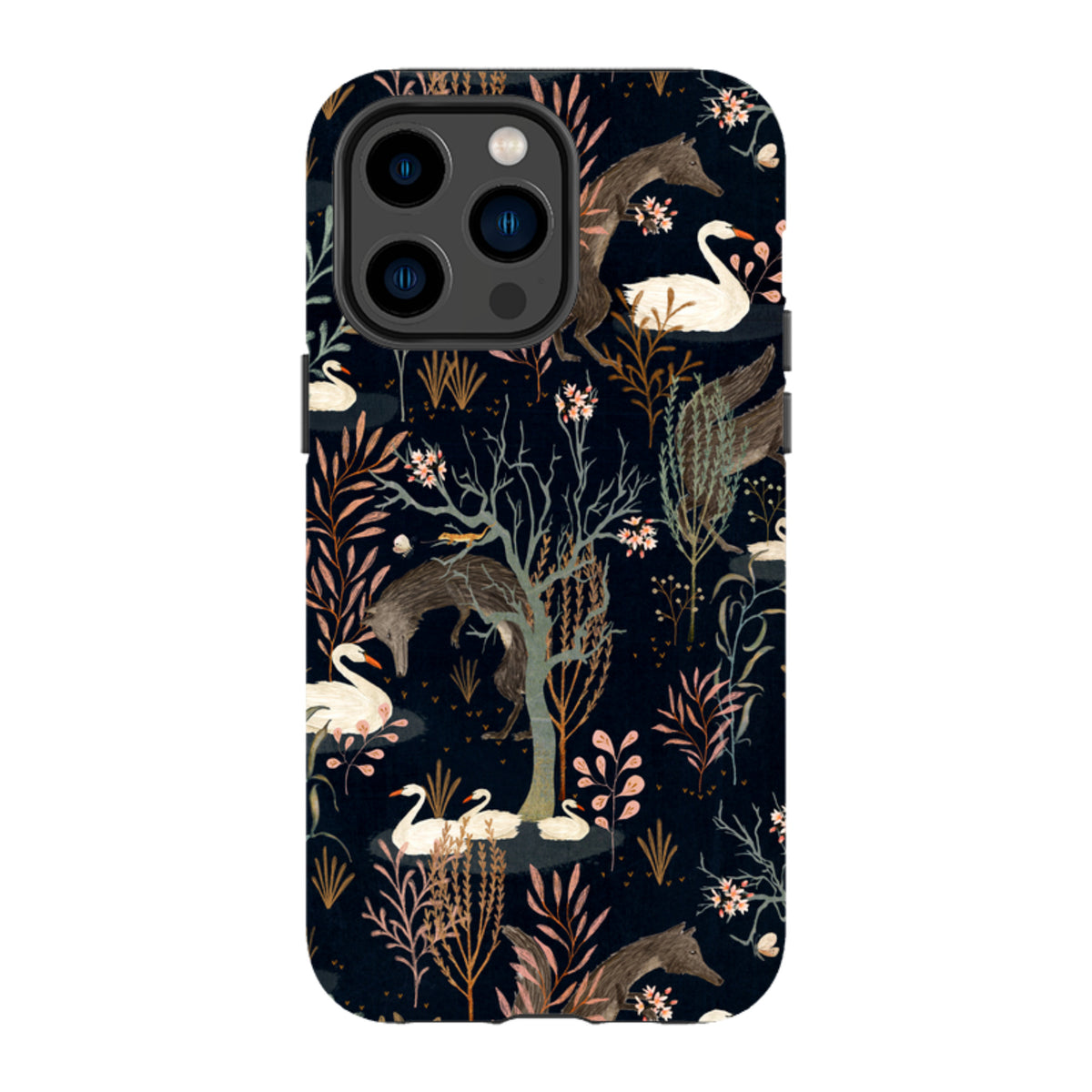 Black iPhone tough case featuring Katherine Quinn’s Black Forest art with swans, foxes, and trees on a dark background.