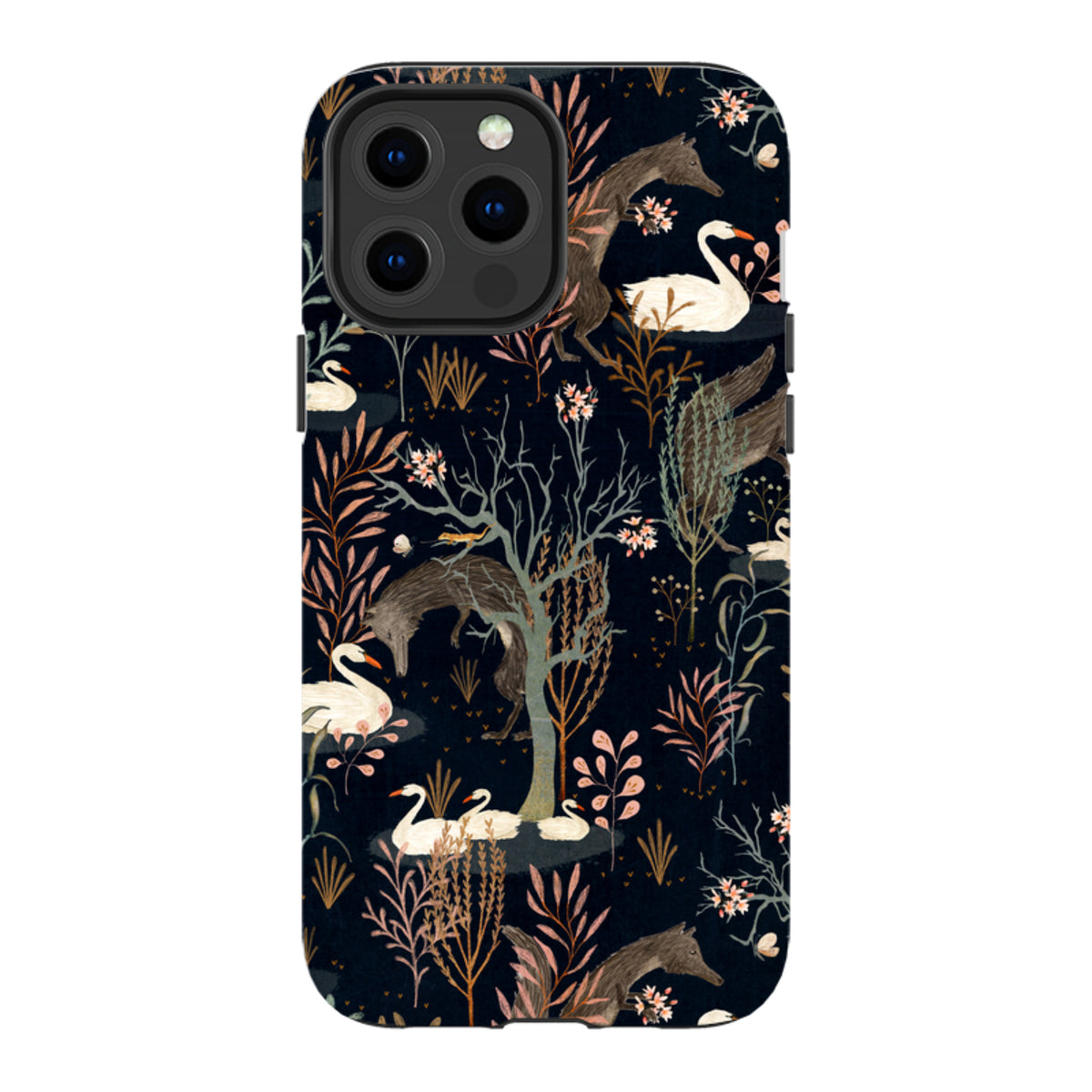 Black iPhone tough case featuring Katherine Quinn’s Black Forest art with swans, foxes, and botanical motifs on a dark background.