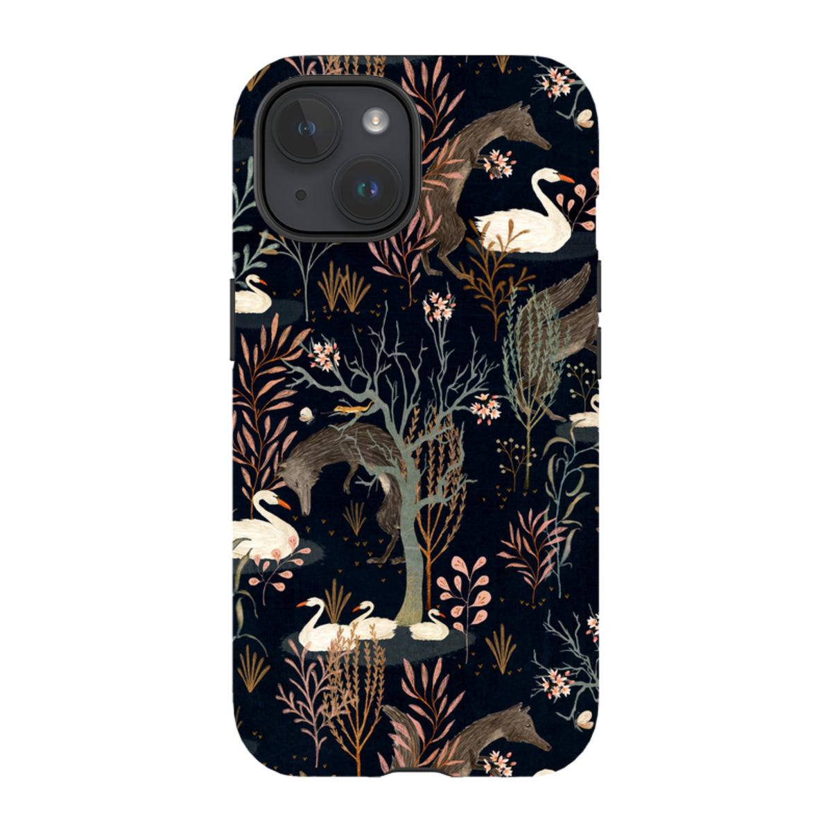 Black iPhone tough case featuring Katherine Quinn’s Black Forest art with swans, foxes, and botanical motifs.