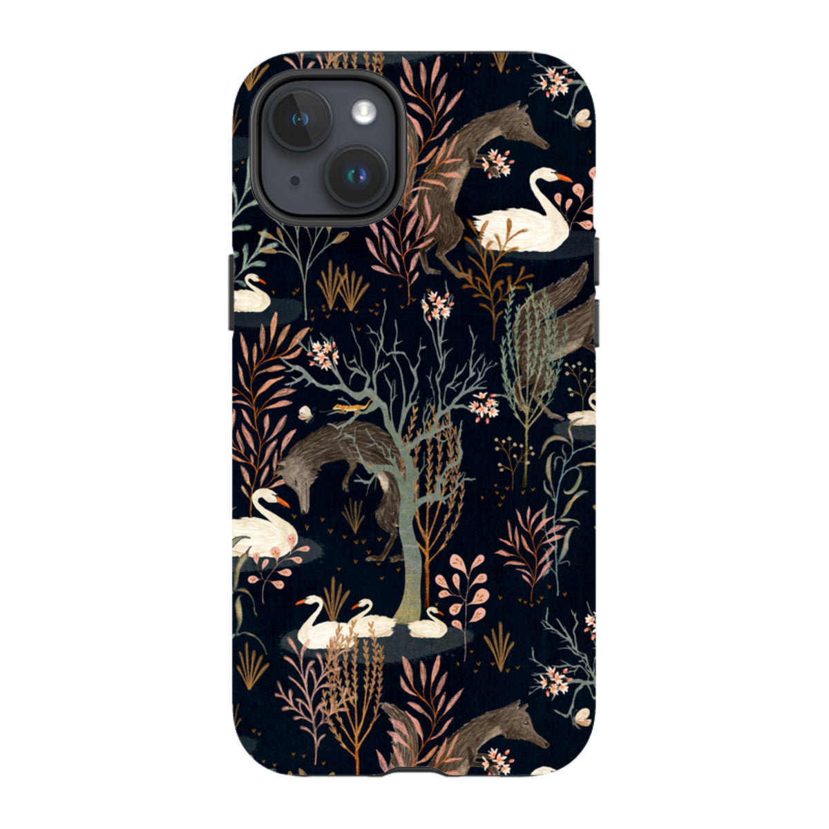 Black Forest iPhone tough case featuring a dark floral pattern with swans and foxes in a dual-layer protective design.