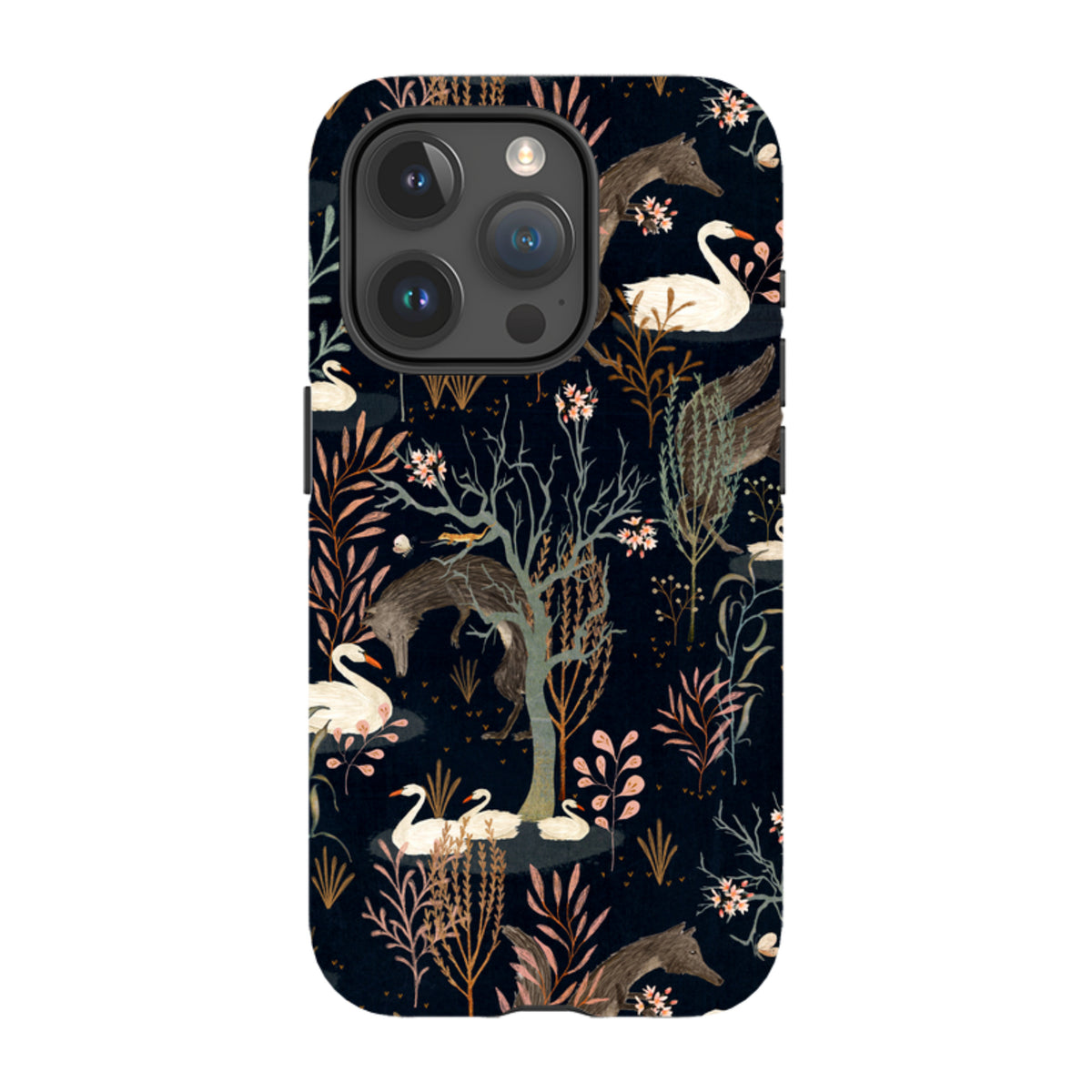 Black iPhone tough case featuring Katherine Quinn’s Black Forest art with swans, foxes, and floral patterns on a dark background.