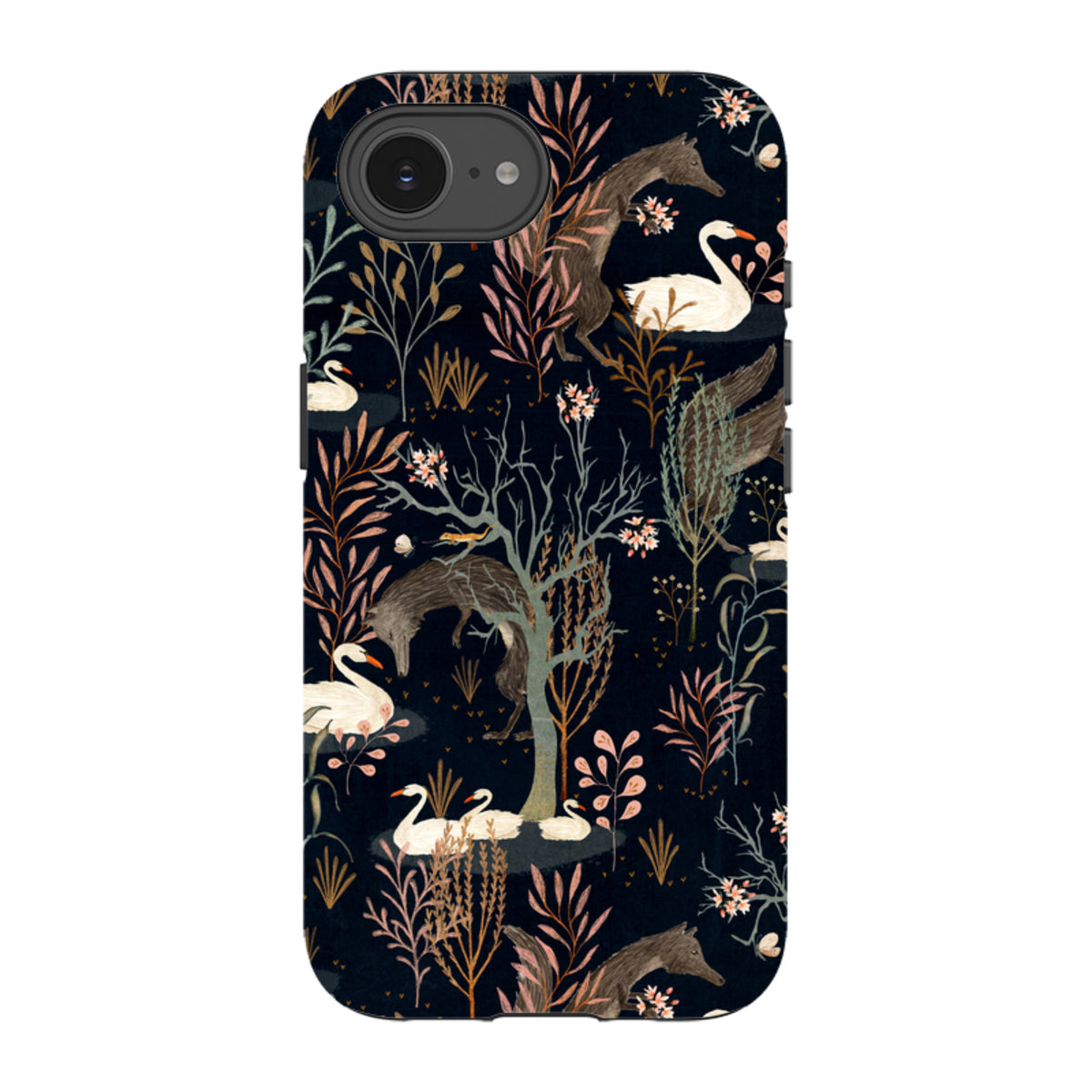 Black Forest iPhone tough case featuring a dark floral pattern with foxes, swans, and trees by Katherine Quinn.