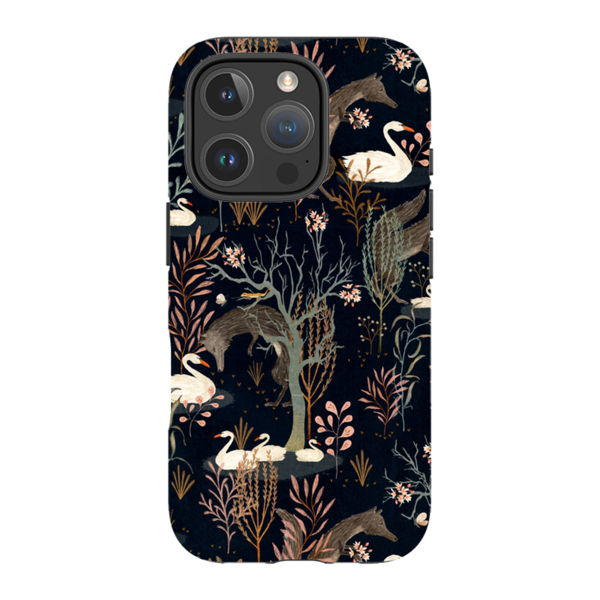 Black Forest iPhone tough case featuring a dark floral pattern with swans and foxes by Katherine Quinn.