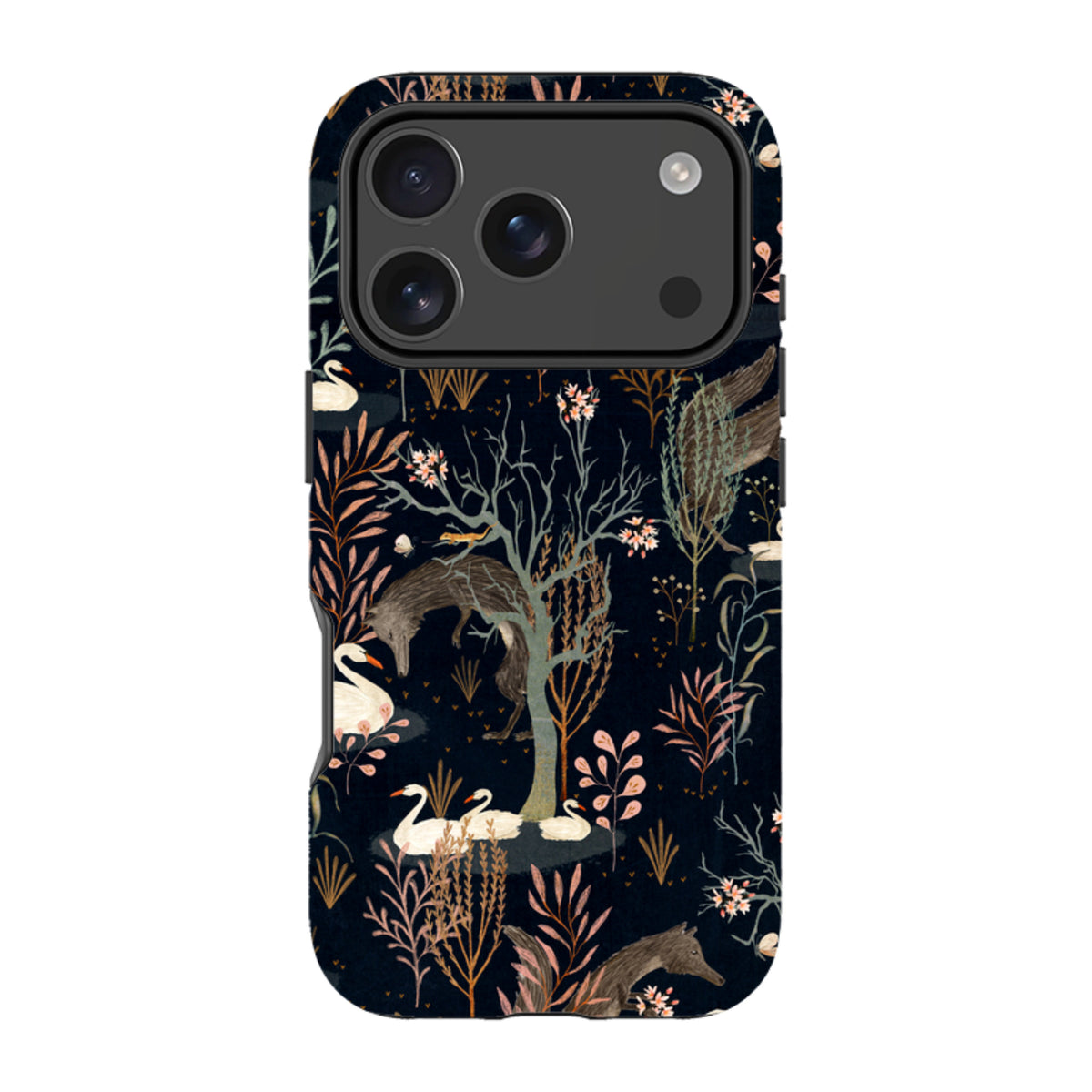 Black iPhone tough case featuring Katherine Quinn’s Black Forest art with swans, foxes, and botanical motifs.