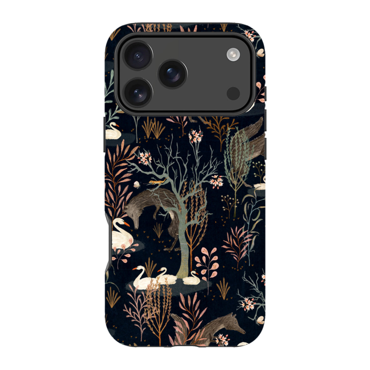 Black Forest iPhone tough case featuring Katherine Quinn’s dark floral art with wolves and swans on a durable dual-layer shell.