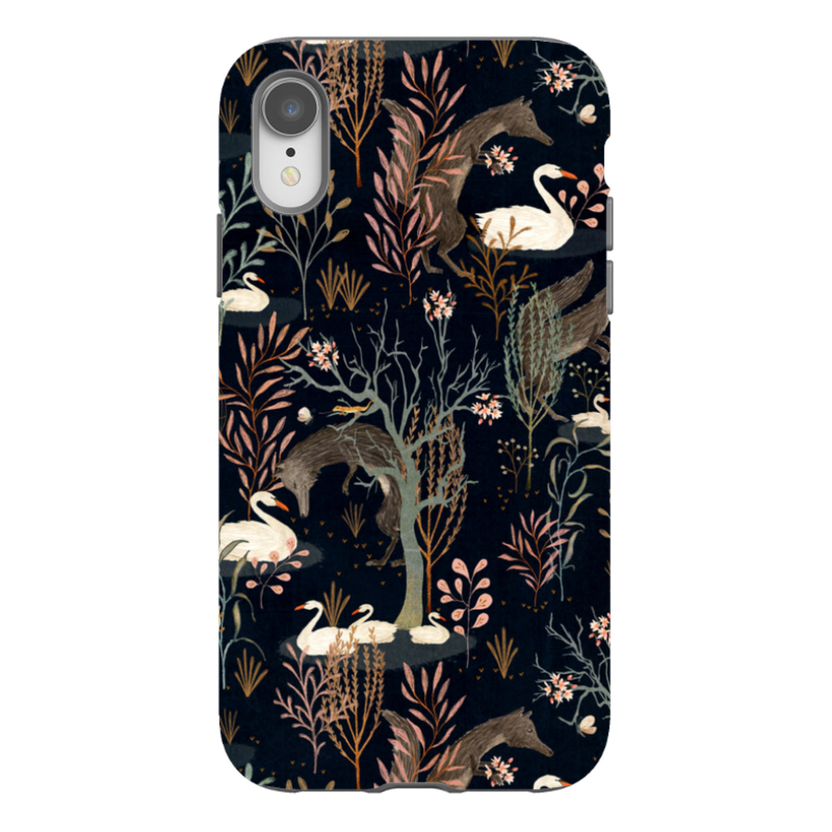Black Forest iPhone tough case featuring a dark floral pattern with swans and foxes by Katherine Quinn.