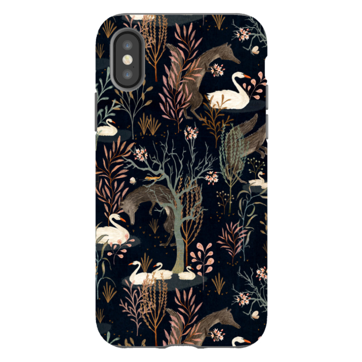 Black Forest iPhone tough case with a dark floral pattern featuring foxes and white swans in a dual-layer protective shell.