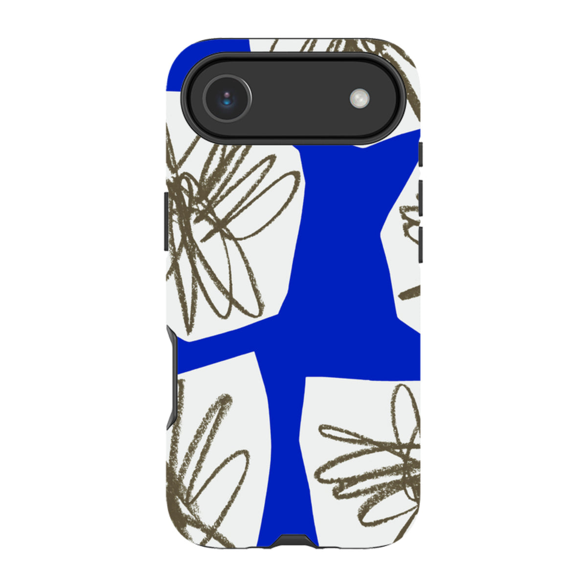 iPhone tough case featuring a blue and white collage floral pattern with abstract brown line art sketches.