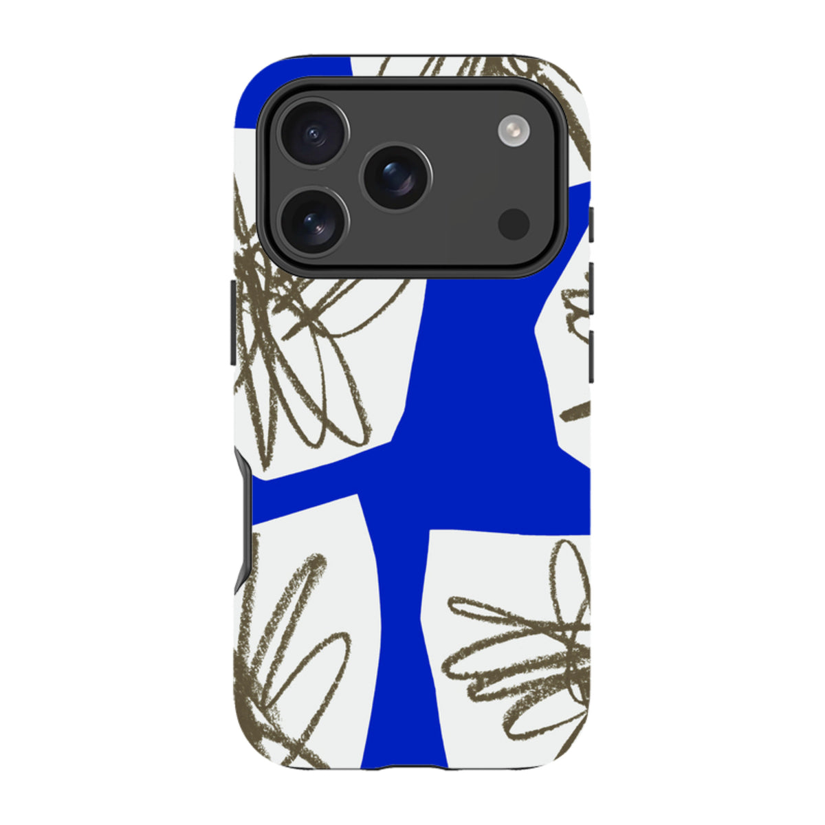 iPhone tough case with blue collage flower art, featuring a dual-layer design with a white background and floral sketches.