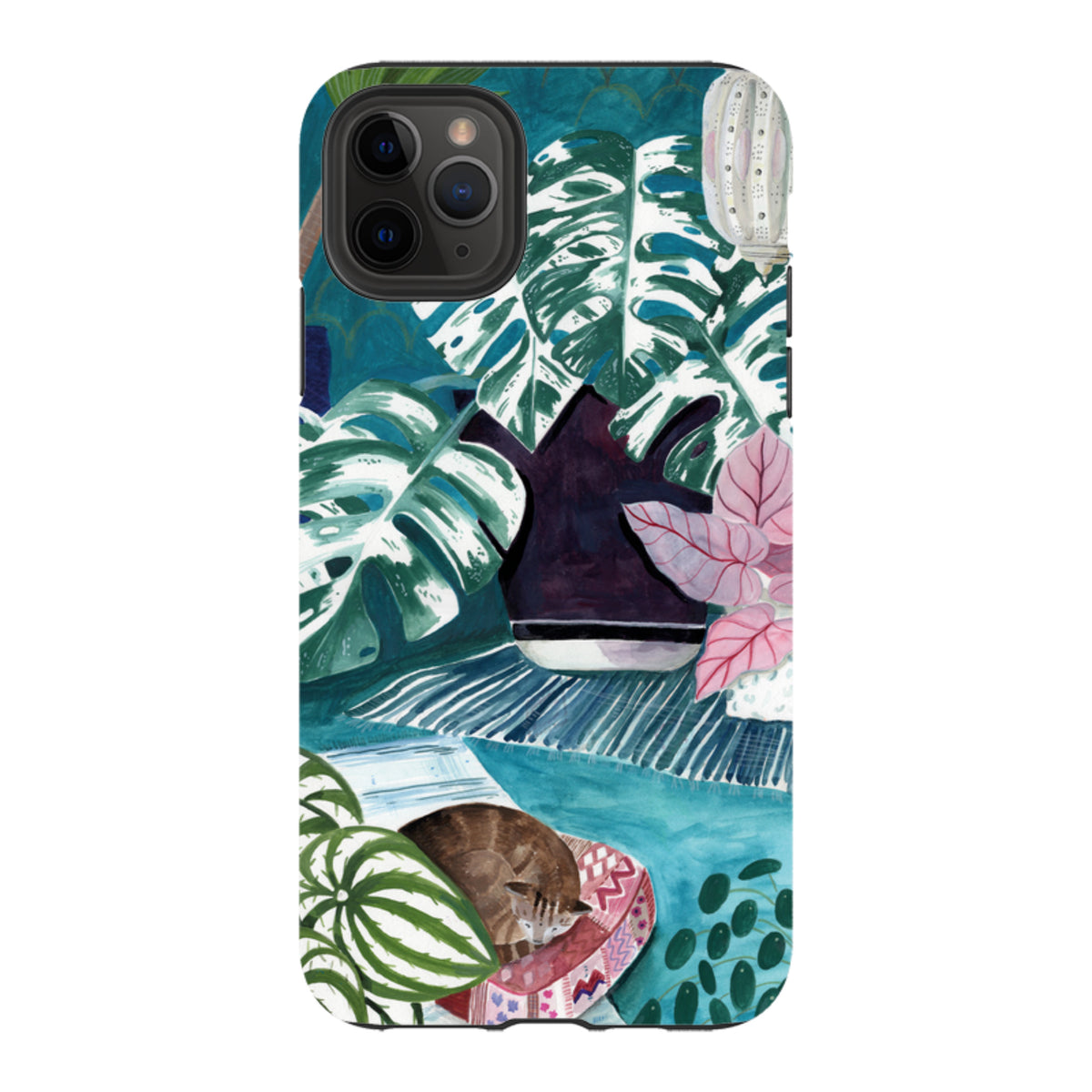 iPhone tough case featuring Bex Parkin’s blue interior botanical art with a sleeping cat and tropical plants.