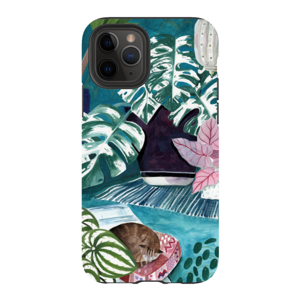 iPhone tough case featuring a blue interior with a cat sleeping among potted plants and monstera leaves.