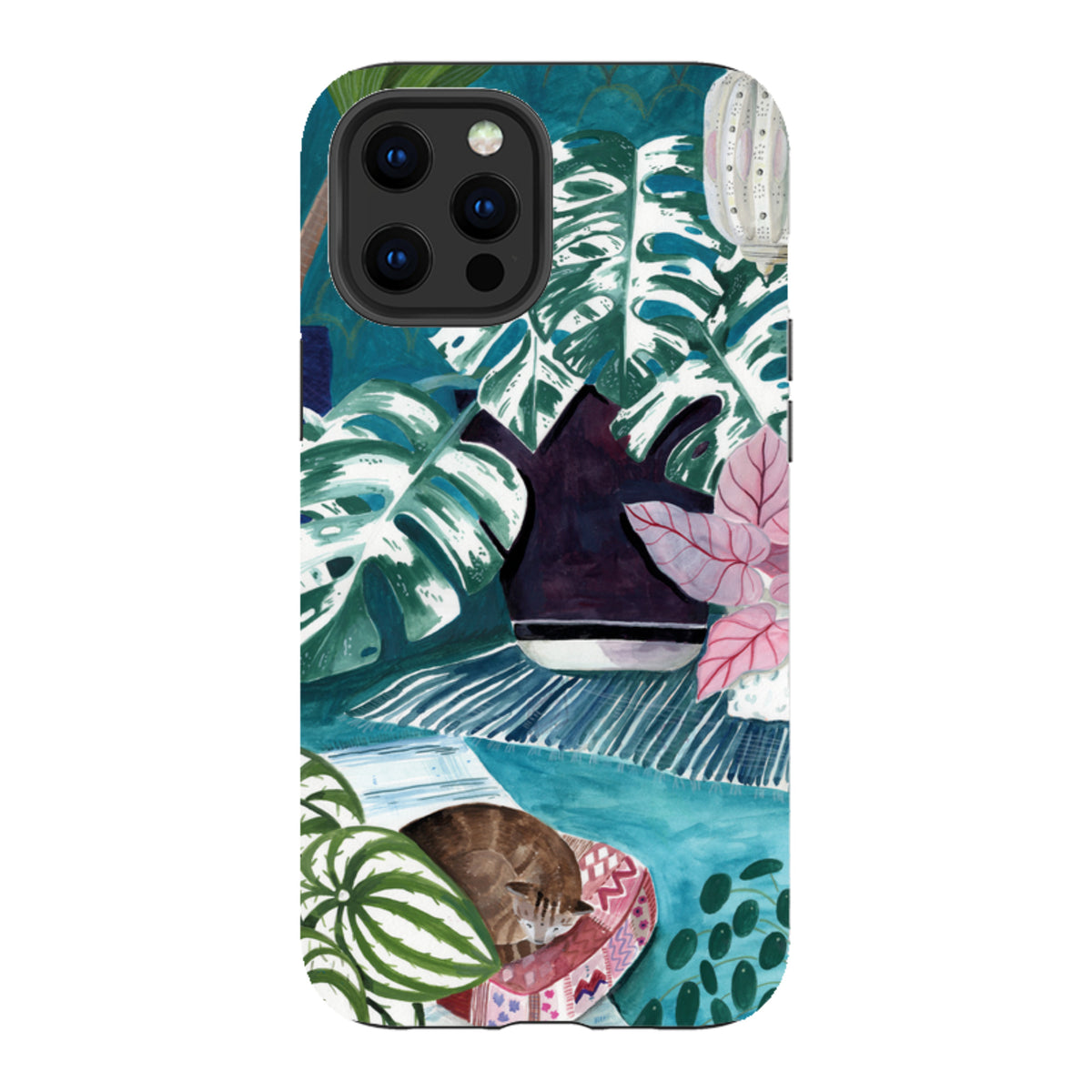 iPhone tough case featuring Bex Parkin's blue interior art with a sleeping cat, lush tropical plants, and dual-layer shell.