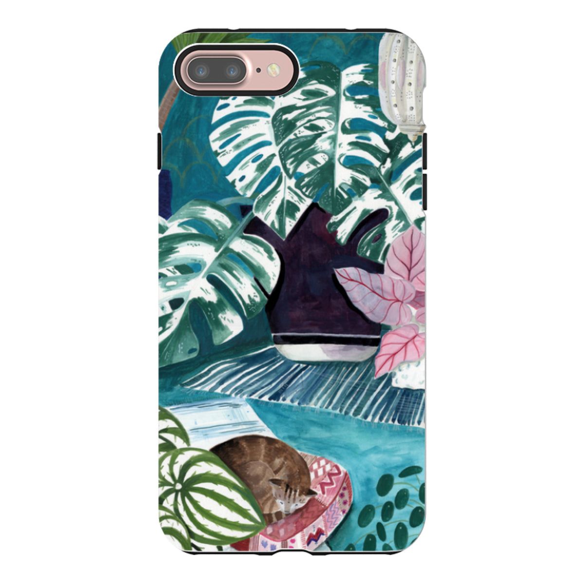 iPhone tough case featuring Bex Parkin’s blue interior botanical art with a sleeping cat and monstera leaves.