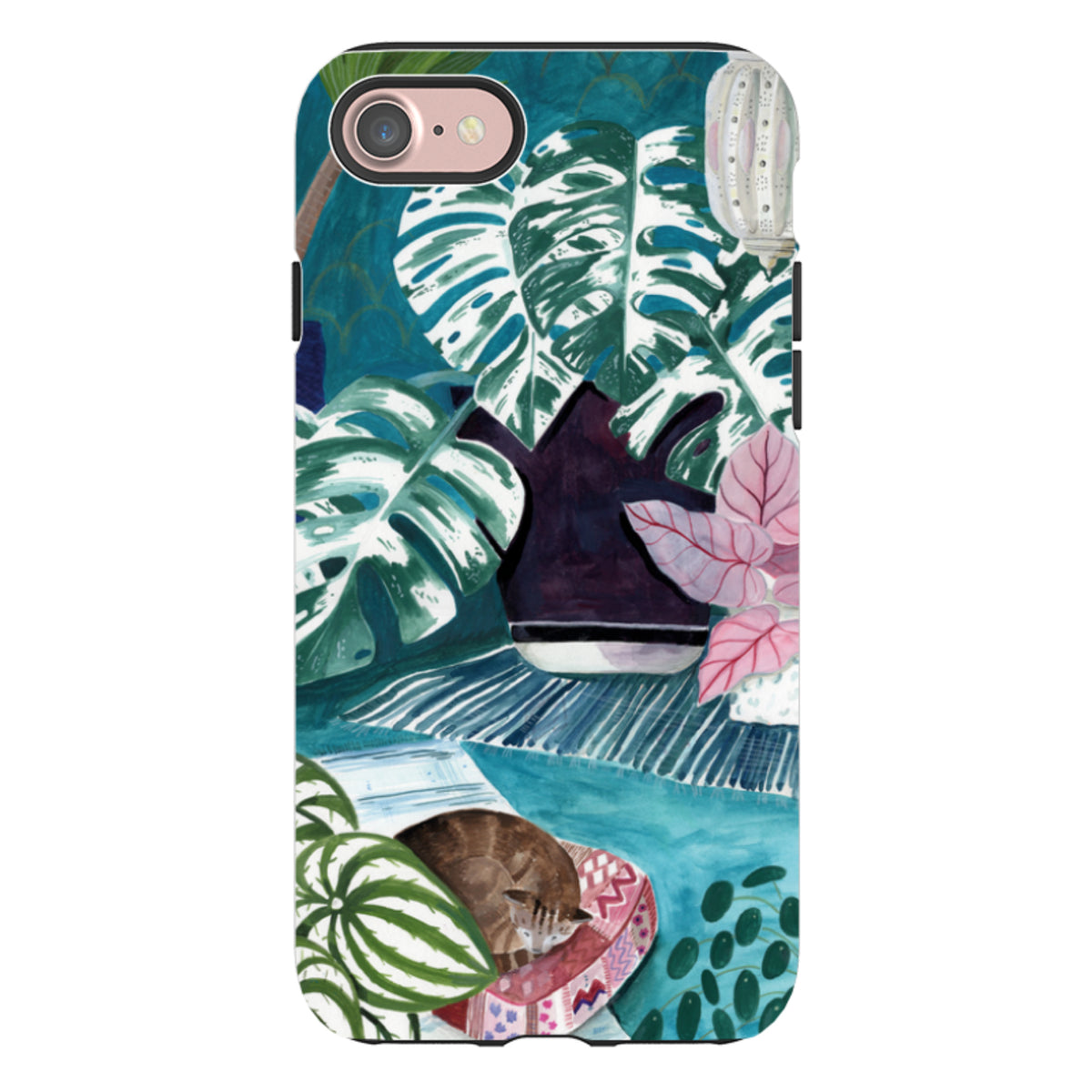 Dual-layer iPhone tough case featuring Bex Parkin’s blue botanical art with a sleeping cat and monstera leaves.