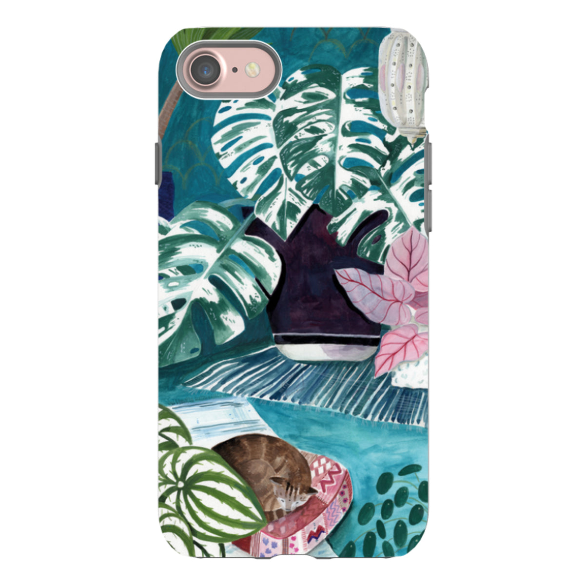 iPhone tough case featuring Bex Parkin’s blue botanical art with a sleeping cat, monstera leaves, and dual-layer protection.