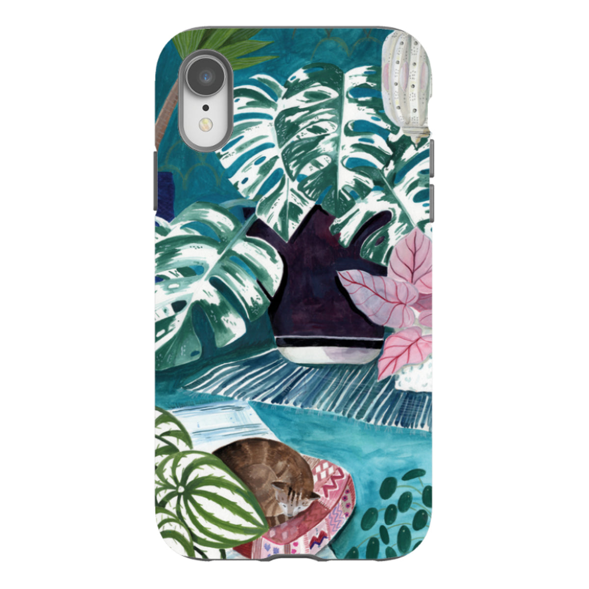 iPhone tough case featuring Bex Parkin's blue botanical art with a sleeping cat, monstera leaves, and dual-layer protection.