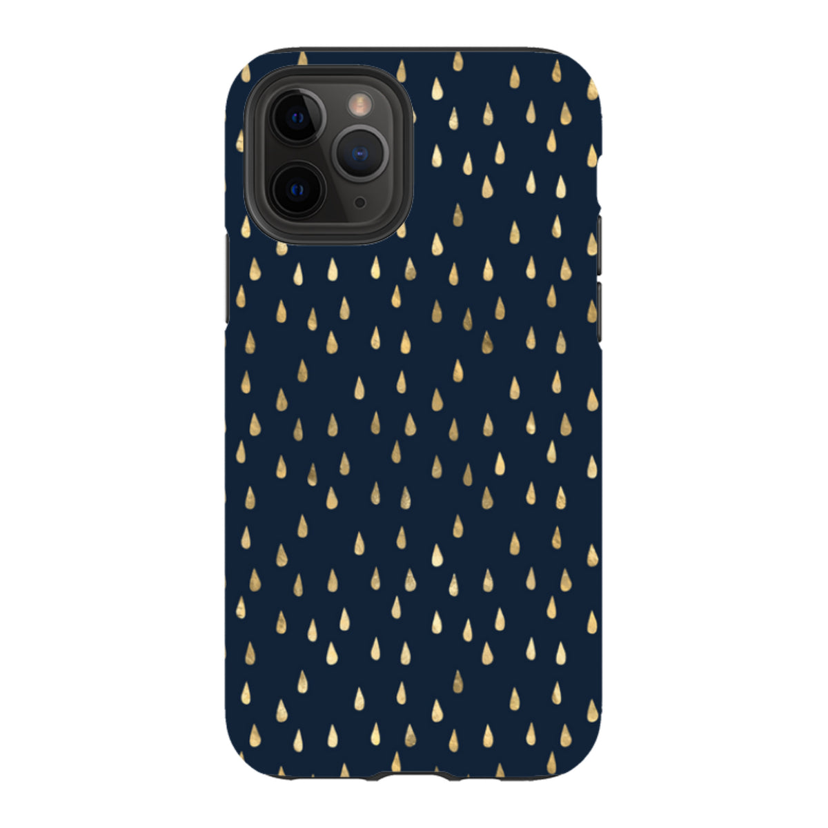 iPhone tough case in dark blue with a gold raindrop pattern, featuring a dual-layer design and precise camera cutouts.