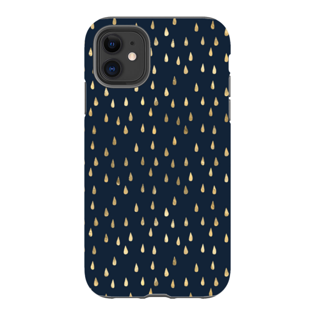 iPhone tough case in dark blue with a gold raindrop pattern and dual-layer protective shell.