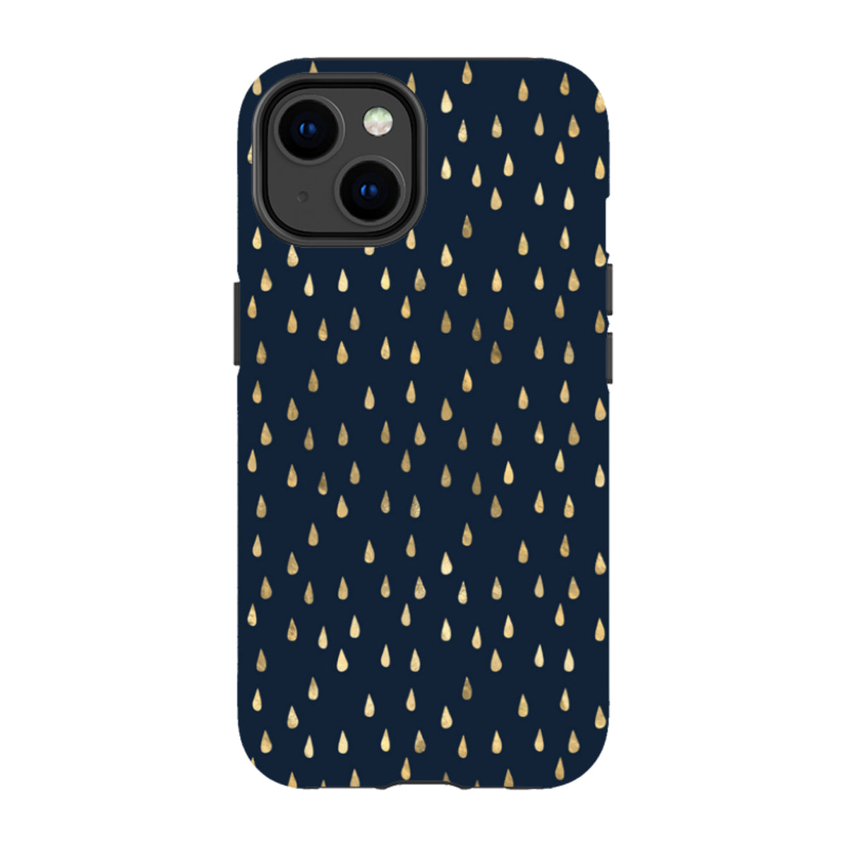 iPhone Tough Case in dark blue with a gold raindrop pattern, featuring a dual-layer design with raised camera protection.