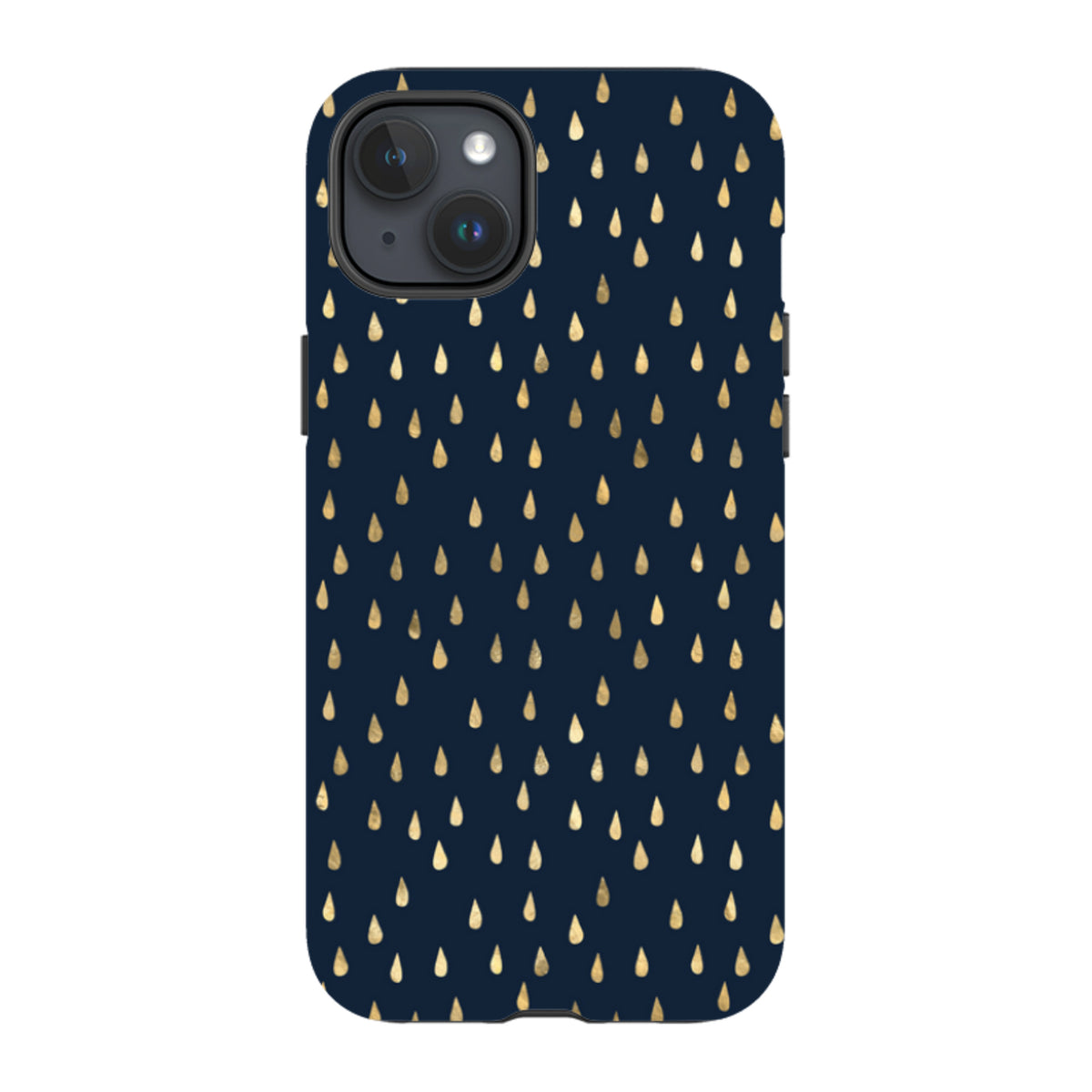 iPhone tough case in dark blue with a gold raindrop pattern, featuring a dual-layer design and precise camera cut-outs.