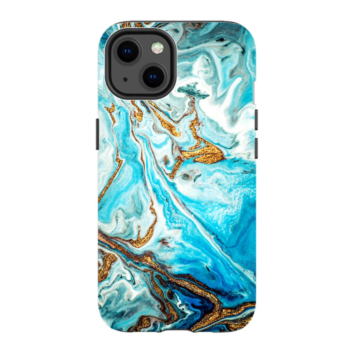 Royal blue and white marble iPhone tough case with gold glitter accents and a dual-layer protective design.